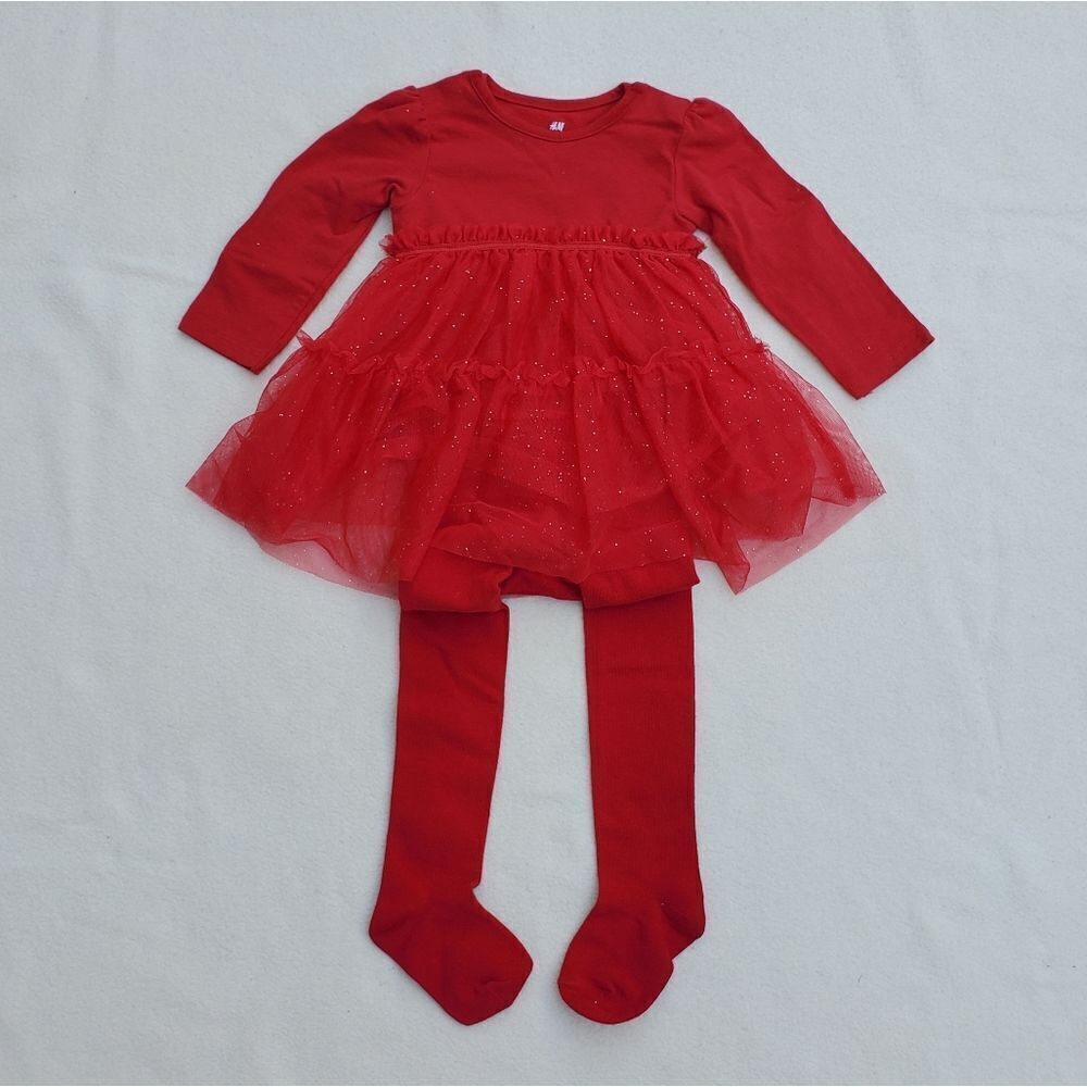 H&M red tulle skirt dress with footed tights size 6-9months
